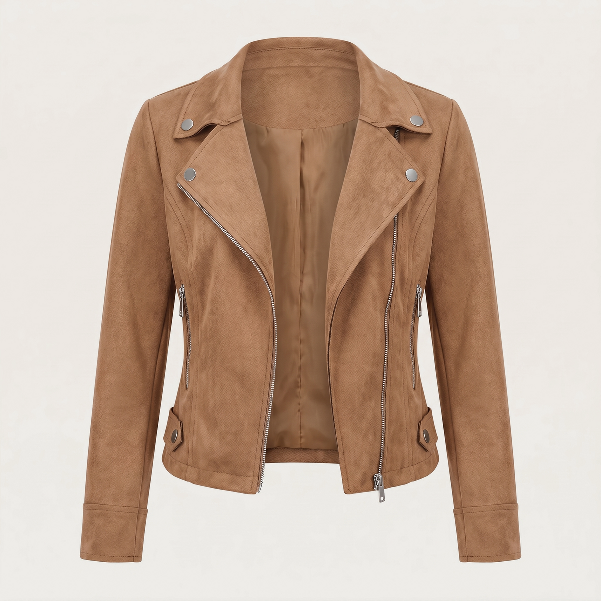 Lia | Chaqueta Corta Efecto Ante con Cremallera Asimétrica