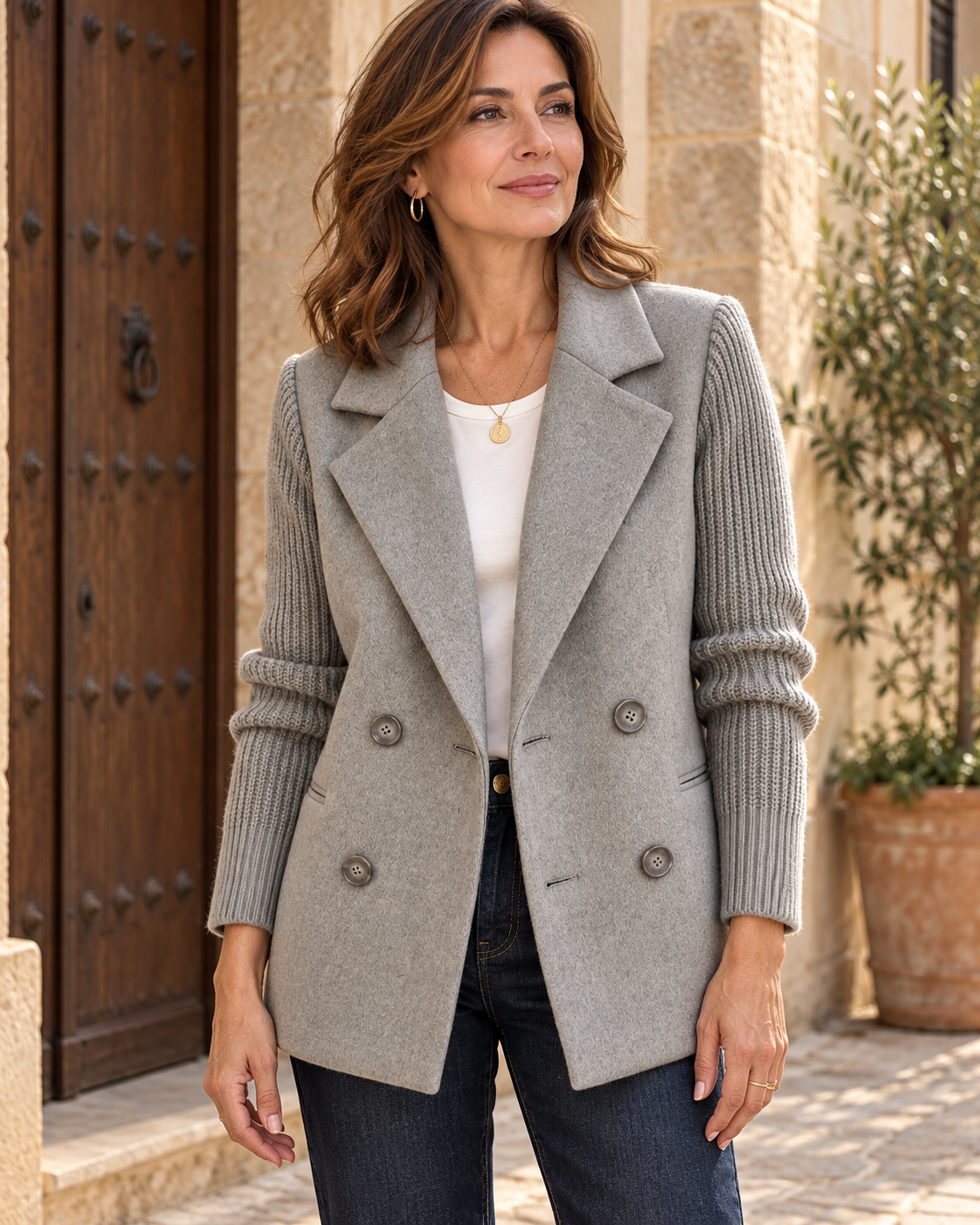Blazer Carla gris con mangas de punto, combinada con camiseta marfil y vaqueros.