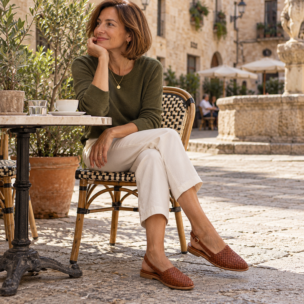 Mujer llevando Aurora | Mocasín trenzado con talón abierto. en una escena lifestyle