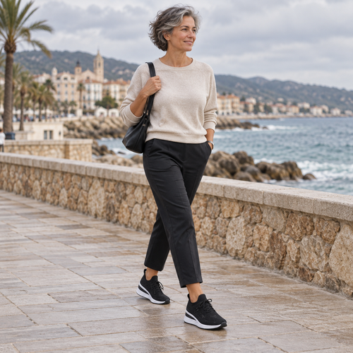 Mujer llevando Aurea | Zapatillas Ortopédicas de Descanso Activo en una escena lifestyle