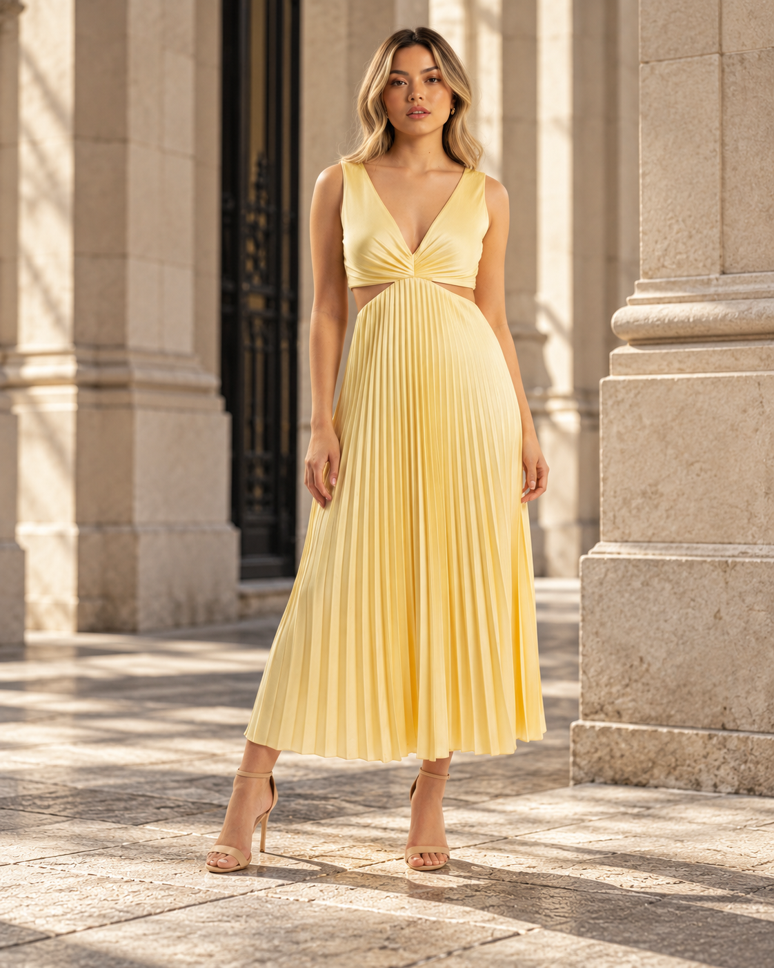 Élodie | Vestido Largo Plisado con Escote en V — Maison Millenium