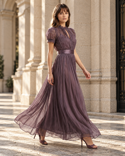 Flavia | Vestido Largo de Gasa con Encaje — Maison Millenium