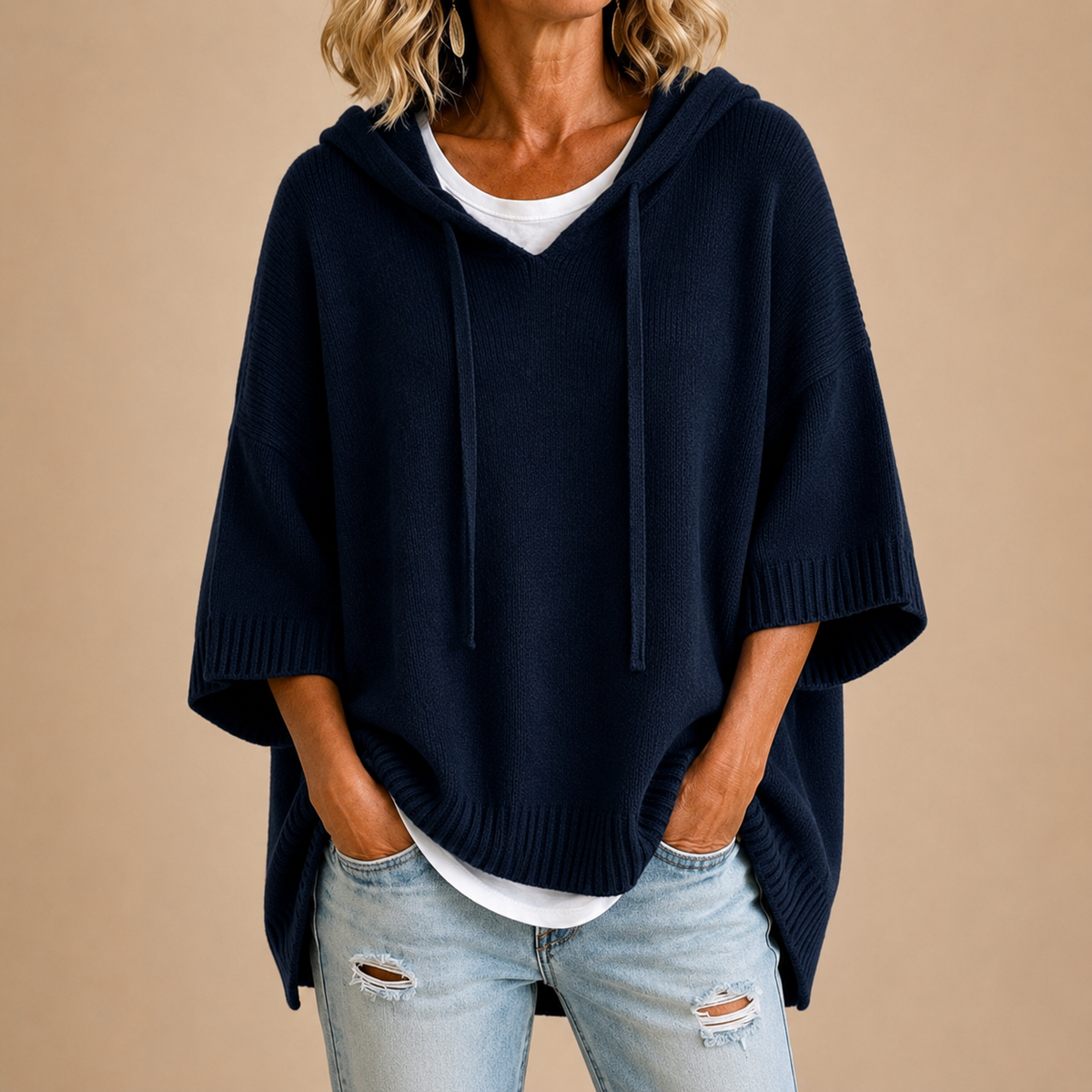 Mirella, poncho de punto con capucha, azul marino